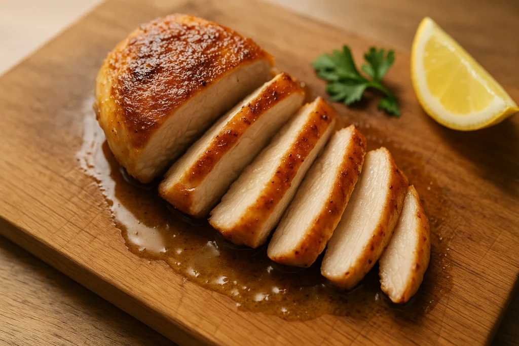 Sliced pan-seared chicken breast with golden crust and juicy interior on a wooden board