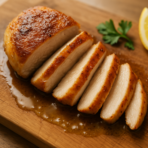 Sliced pan-seared chicken breast with golden crust and juicy interior on a wooden board