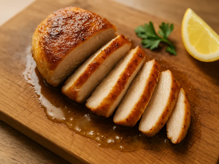 Sliced pan-seared chicken breast with golden crust and juicy interior on a wooden board