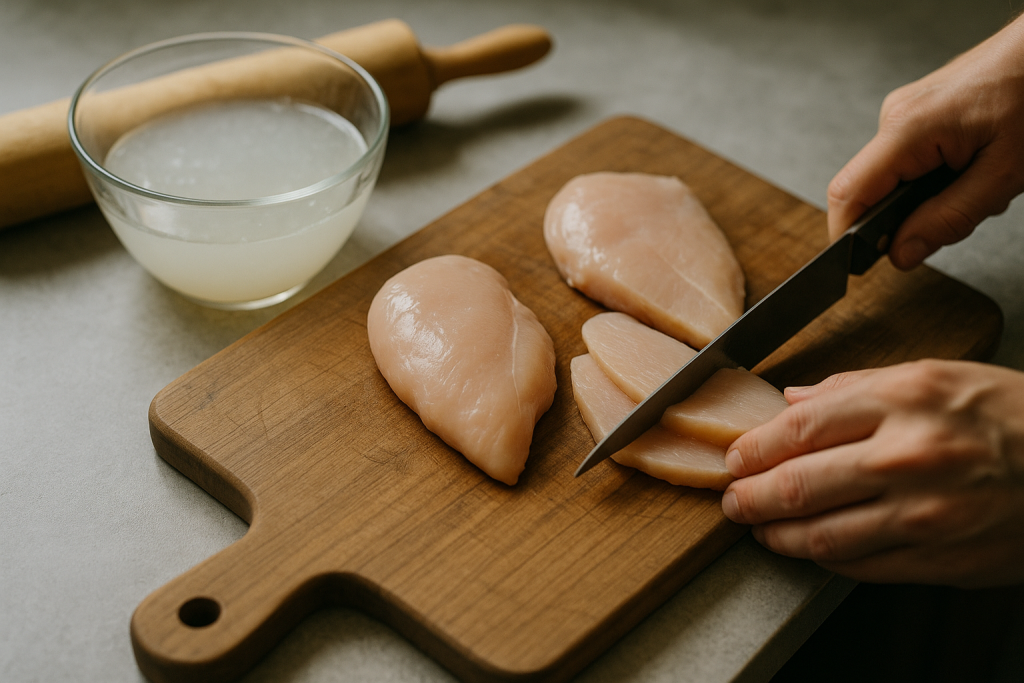 Chicken breasts sliced into even cutlets next to a bowl of salt brine