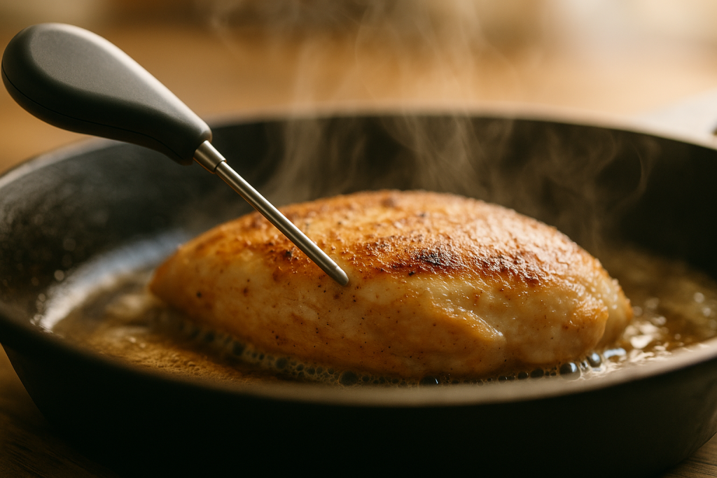 Instant-read thermometer inserted into the side of a chicken cutlet in a skillet
