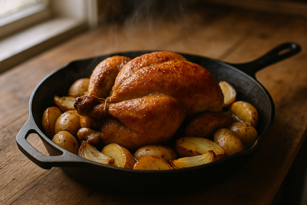 Golden roast chicken in a cast iron skillet with roasted potatoes and onions