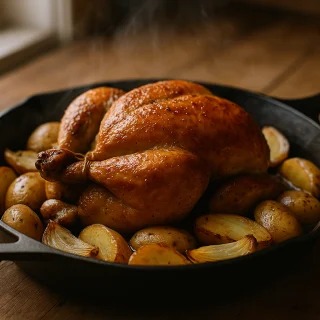 Golden roast chicken in a cast iron skillet with roasted potatoes and onions