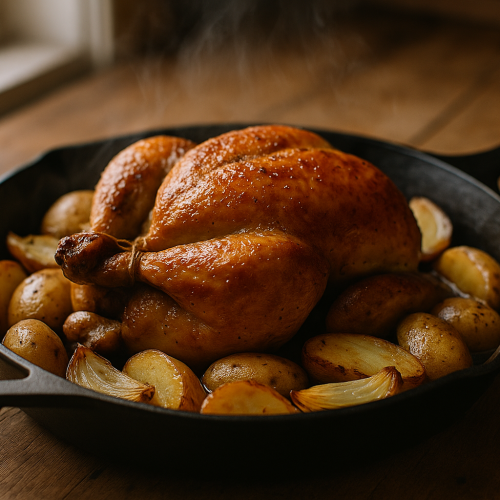 Golden roast chicken in a cast iron skillet with roasted potatoes and onions