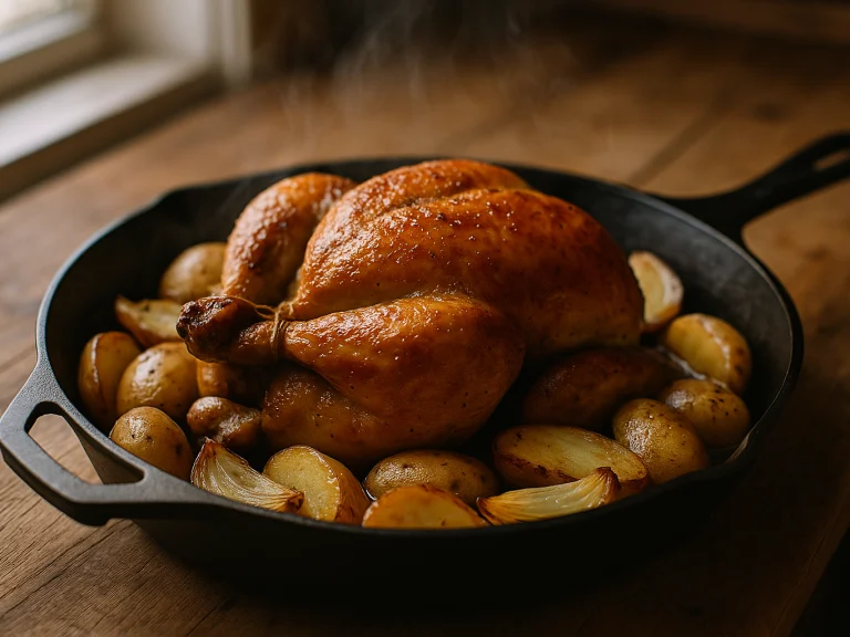Golden roast chicken in a cast iron skillet with roasted potatoes and onions