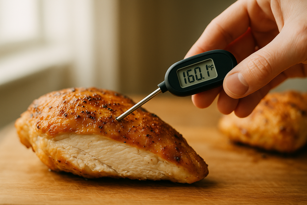 Instant-read thermometer inserted sideways into the breast of a roasted chicken