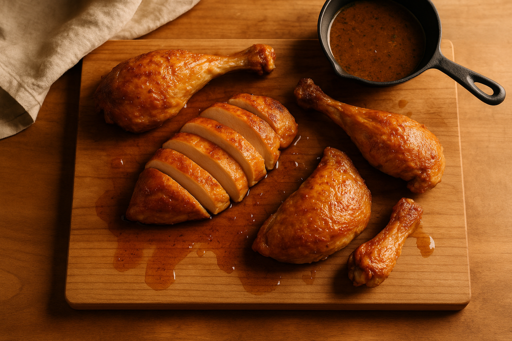 Carved roast chicken with sliced breast meat and a small pan of sauce