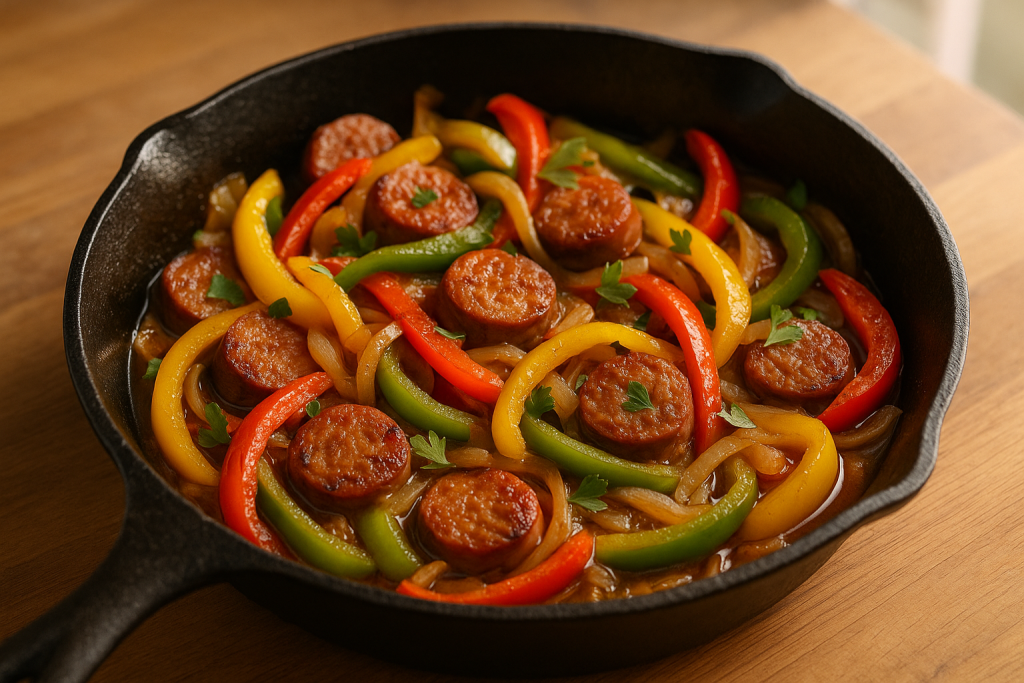 Cast iron skillet with sausage coins, bell pepper strips and onions in pan juices
