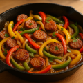 Cast iron skillet with sausage coins, bell pepper strips and onions in pan juices