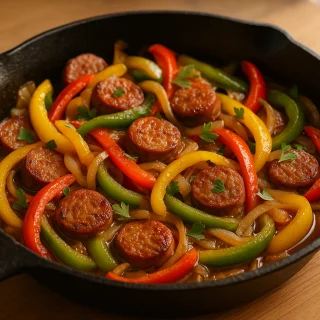 Cast iron skillet with sausage coins, bell pepper strips and onions in pan juices