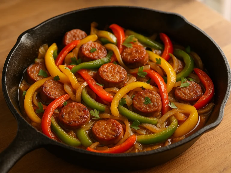 Cast iron skillet with sausage coins, bell pepper strips and onions in pan juices