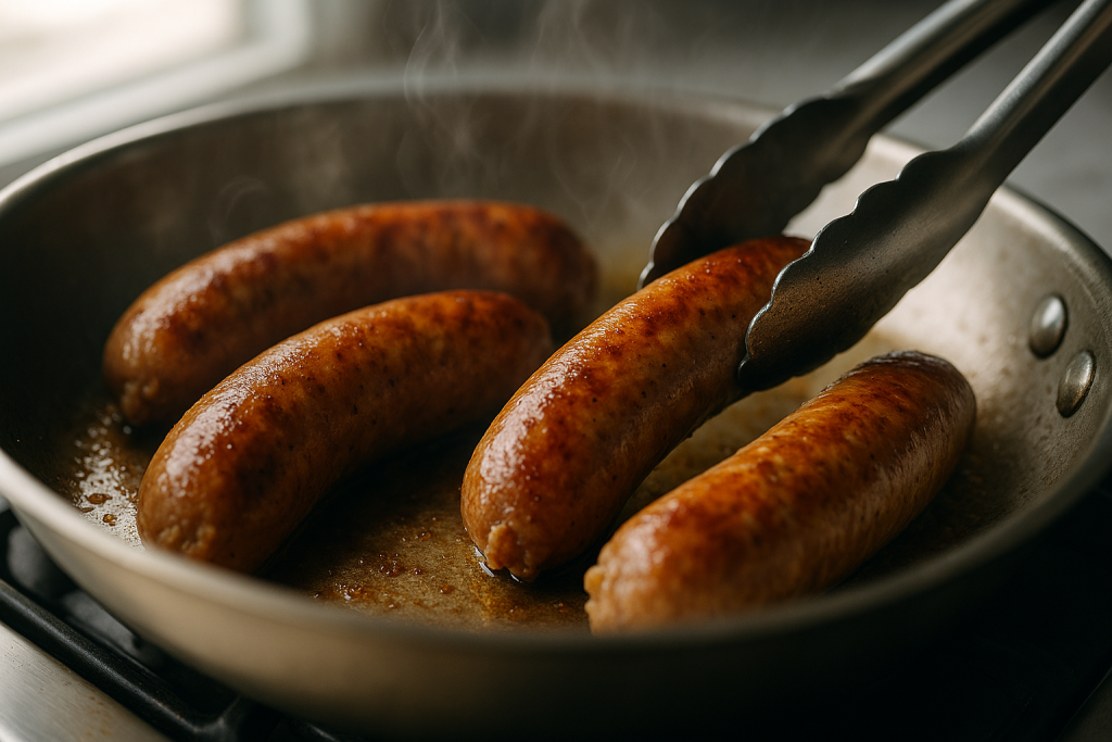 Whole sausage links browning on all sides in a stainless steel skillet