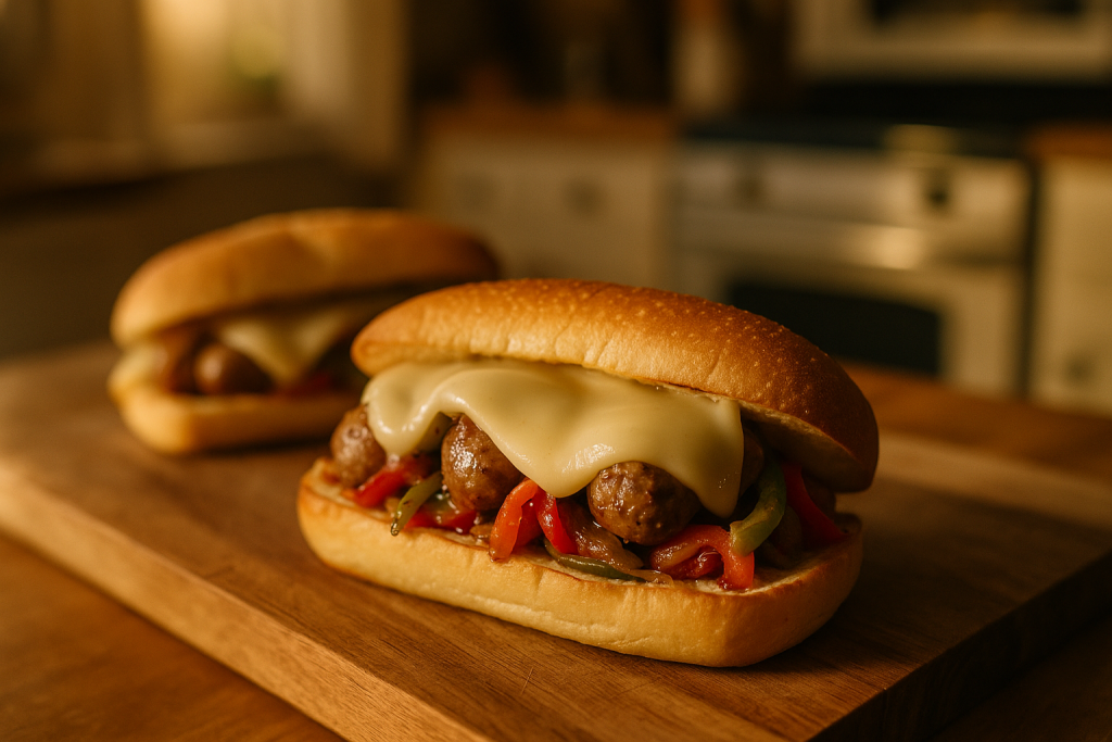 Hoagie roll filled with sausage and peppers under melted provolone cheese