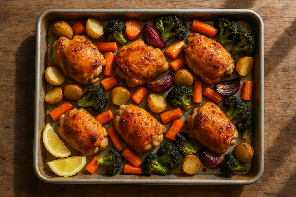 Roasted chicken thighs with potatoes, carrots and broccoli on a sheet pan