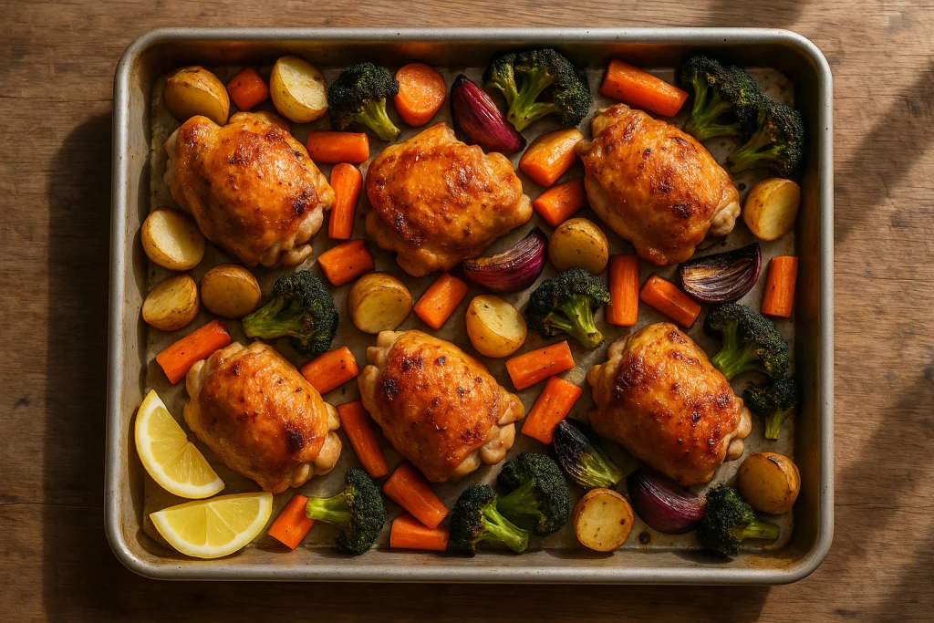 Roasted chicken thighs with potatoes, carrots and broccoli on a sheet pan