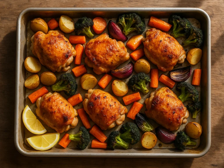 Roasted chicken thighs with potatoes, carrots and broccoli on a sheet pan