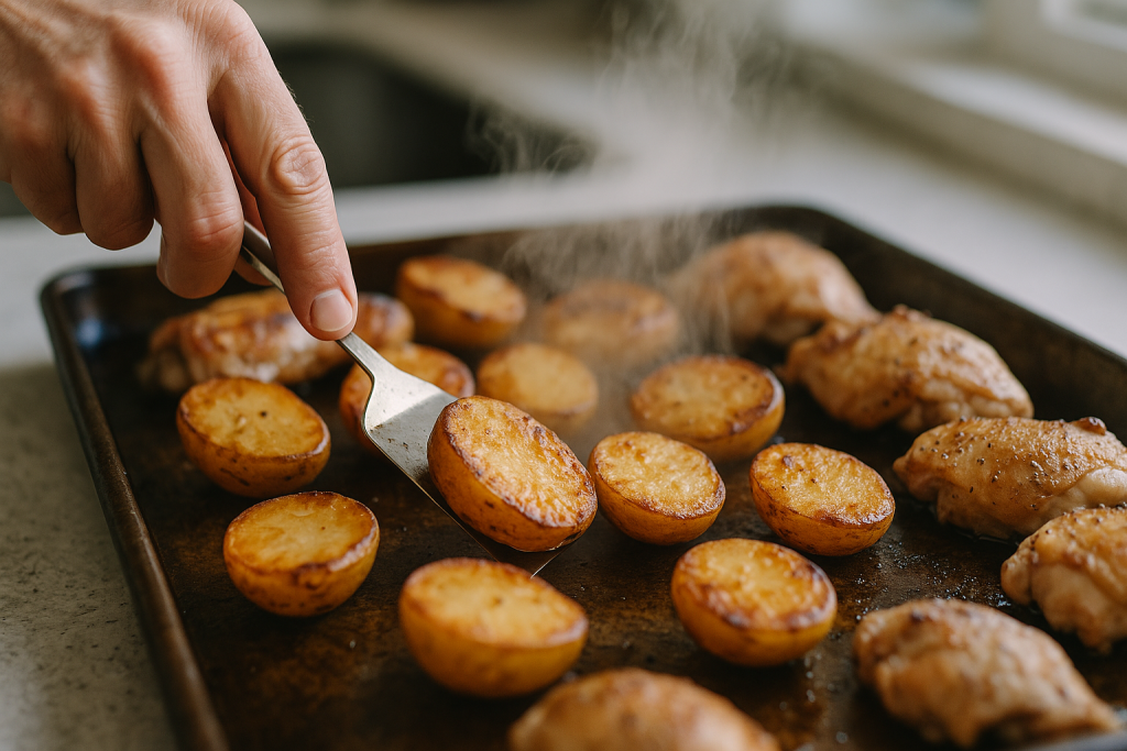 Potatoes being flipped on a sheet pan halfway through roasting