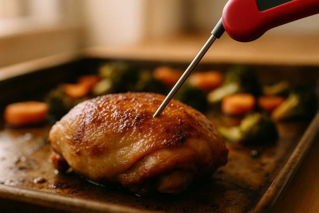 Instant-read thermometer checking the temperature of a roasted chicken thigh