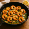 Seared shrimp in garlic butter sauce with parsley and lemon in a cast iron skillet