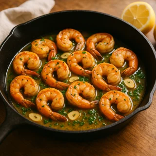 Seared shrimp in garlic butter sauce with parsley and lemon in a cast iron skillet