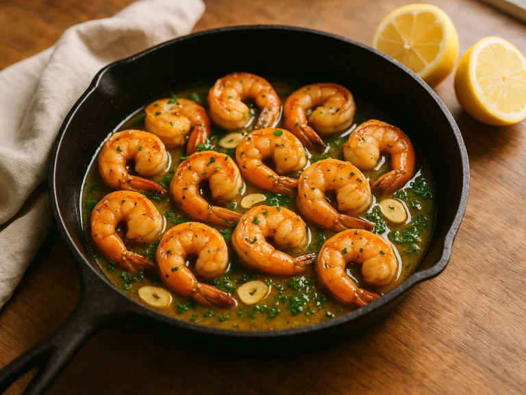 Seared shrimp in garlic butter sauce with parsley and lemon in a cast iron skillet