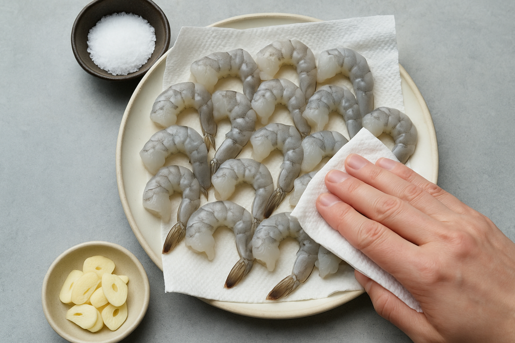 Raw peeled shrimp patted dry on a paper towel next to sliced garlic and salt