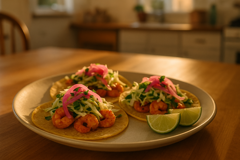 Shrimp tacos on corn tortillas with cabbage slaw, cilantro and pickled onion