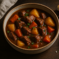 Bowl of thick beef stew with carrots and potatoes in glossy brown sauce