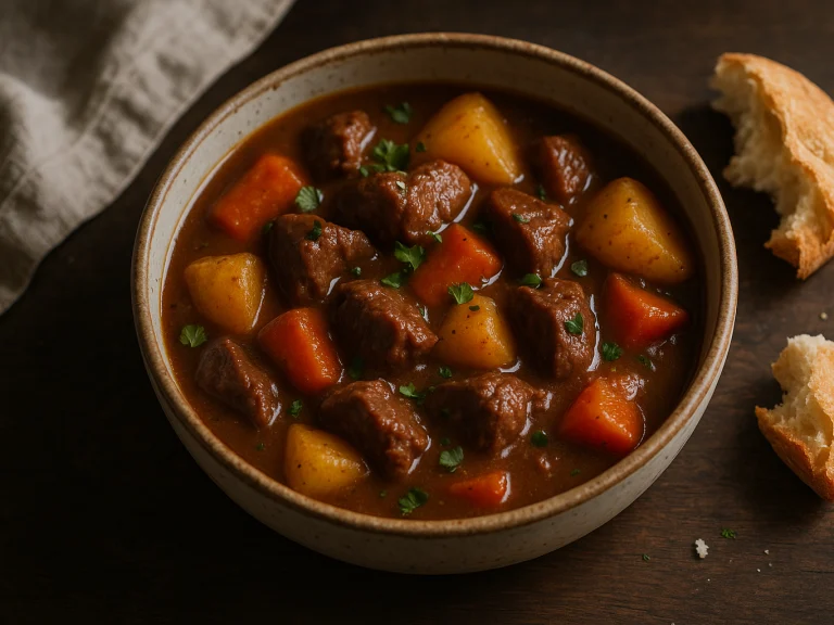 Bowl of thick beef stew with carrots and potatoes in glossy brown sauce
