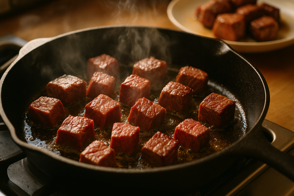 Floured beef cubes browning in a hot cast iron skillet