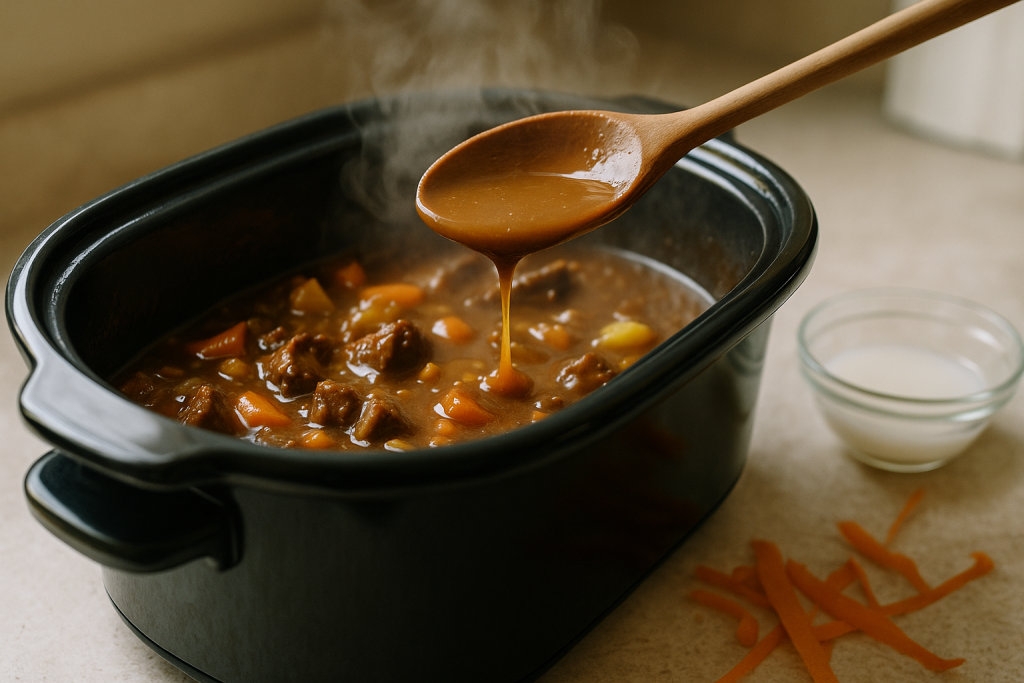 Wooden spoon lifting thick stew from an open slow cooker next to a cornstarch slurry