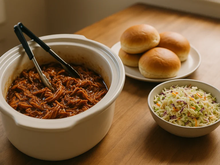 Shredded pulled pork in a slow cooker insert with buns and coleslaw nearby