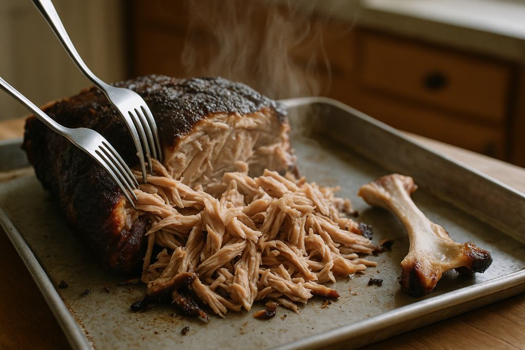 Cooked pork shoulder on a baking sheet being shredded with two forks beside the bone