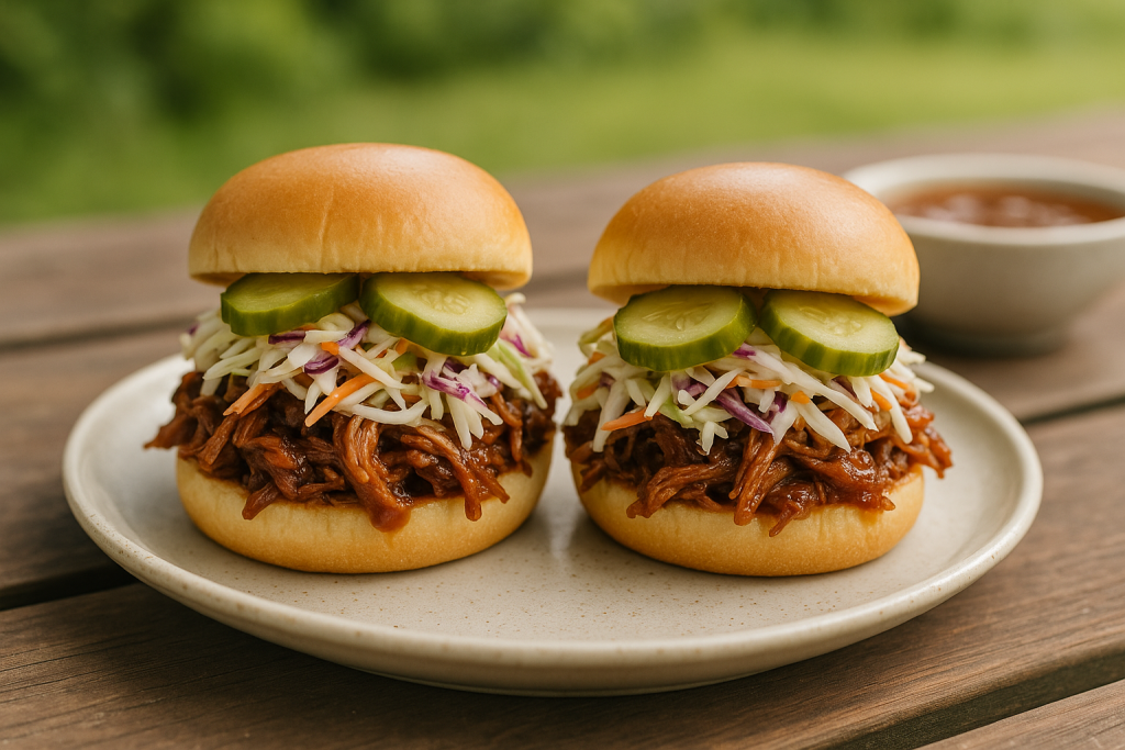 Two pulled pork slider sandwiches topped with coleslaw and pickles on a plate
