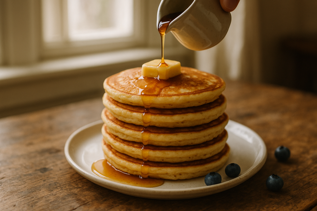 Tall stack of golden buttermilk pancakes with melting butter and syrup