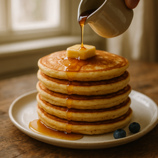 Tall stack of golden buttermilk pancakes with melting butter and syrup