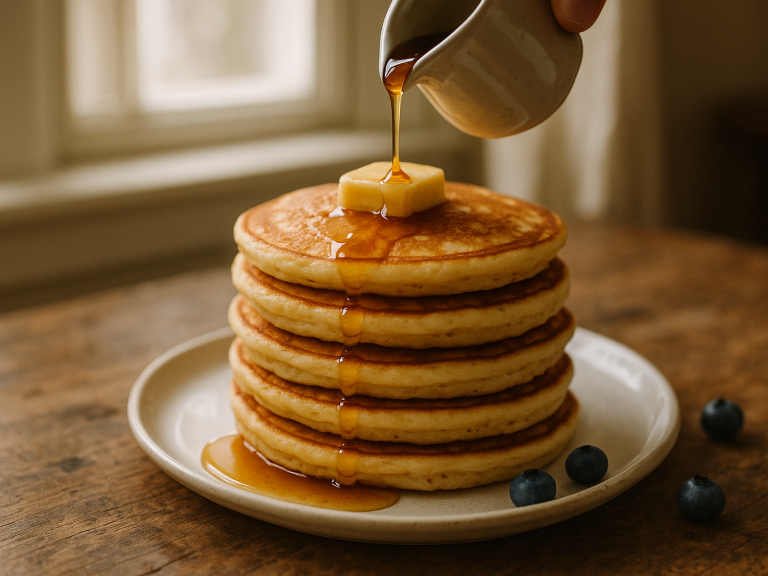 Tall stack of golden buttermilk pancakes with melting butter and syrup