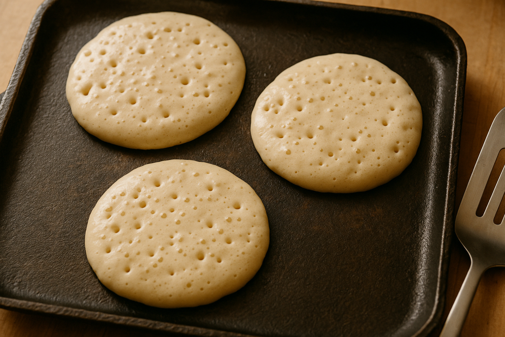 Pancakes on a griddle with bubbles breaking open across the surface