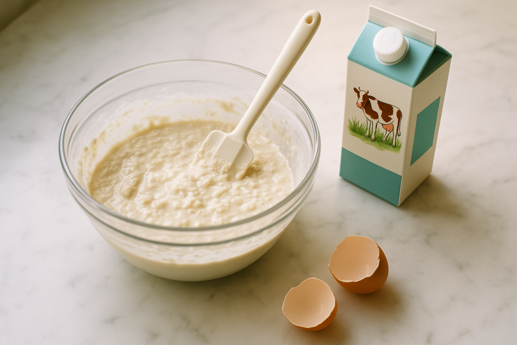 Lumpy pancake batter in a glass bowl next to buttermilk and eggs