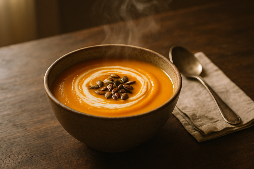 Bowl of creamy butternut squash soup topped with pumpkin seeds and a cream swirl
