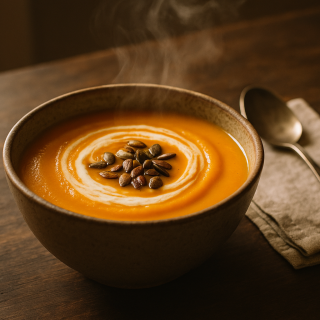 Bowl of creamy butternut squash soup topped with pumpkin seeds and a cream swirl