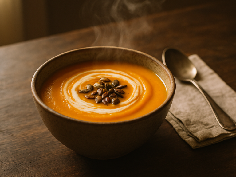 Bowl of creamy butternut squash soup topped with pumpkin seeds and a cream swirl