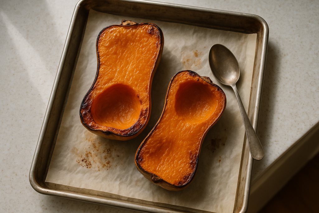 Roasted butternut squash halves on a sheet pan with browned caramelized edges