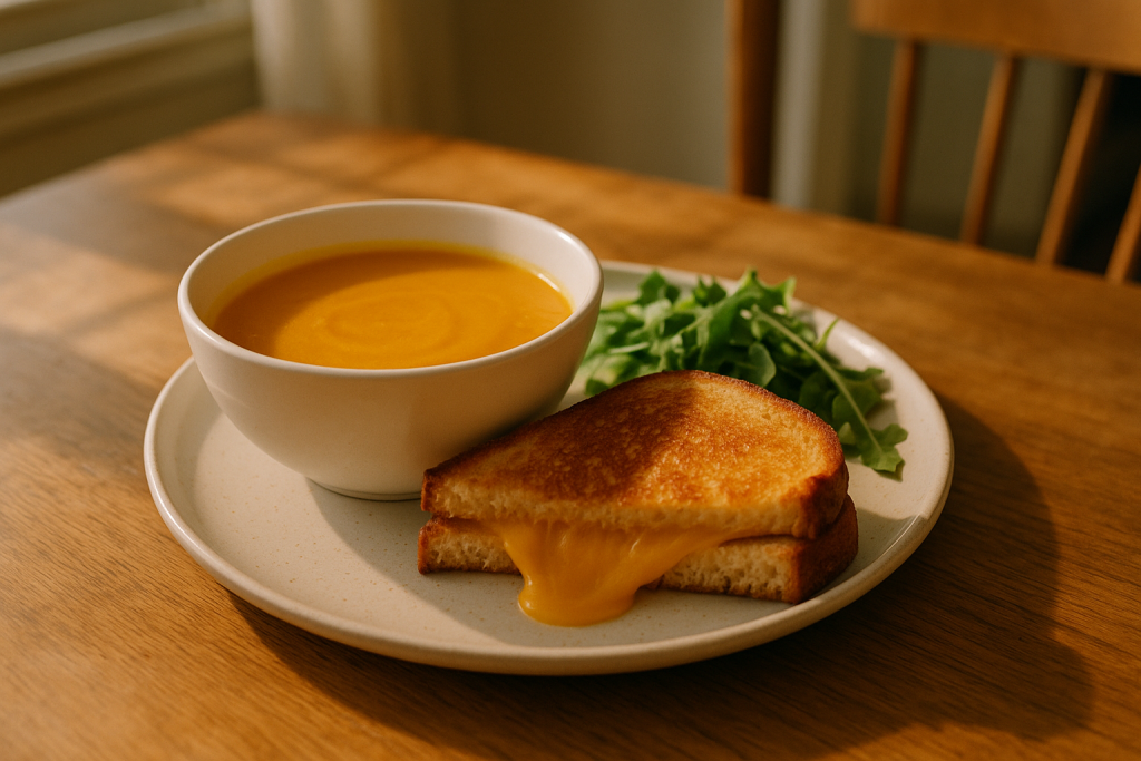 Butternut squash soup served with a grilled cheese sandwich and arugula salad