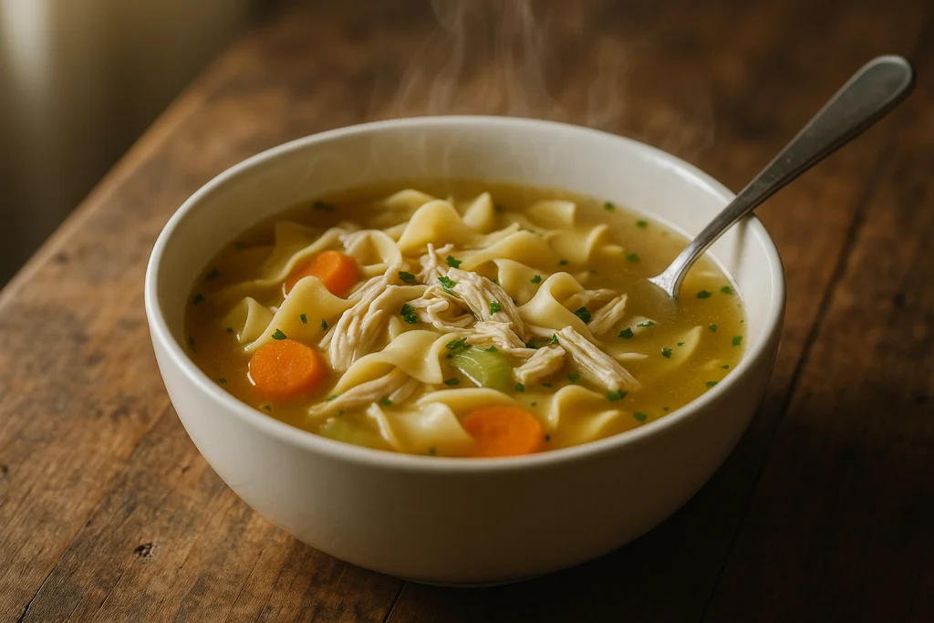 Bowl of homemade chicken noodle soup with golden broth, egg noodles and carrots
