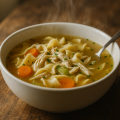 Bowl of homemade chicken noodle soup with golden broth, egg noodles and carrots