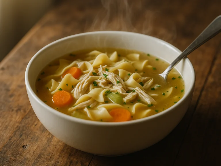 Bowl of homemade chicken noodle soup with golden broth, egg noodles and carrots