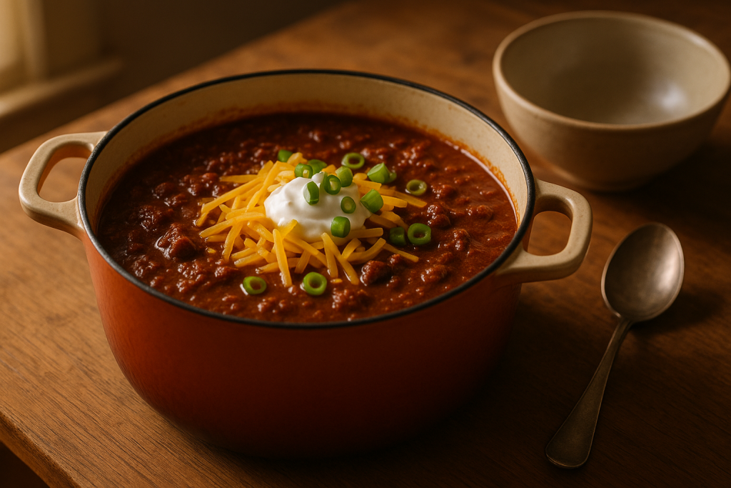 Dutch oven of thick beef chili topped with cheddar, sour cream and scallions