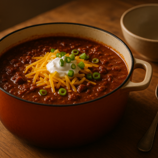 Dutch oven of thick beef chili topped with cheddar, sour cream and scallions