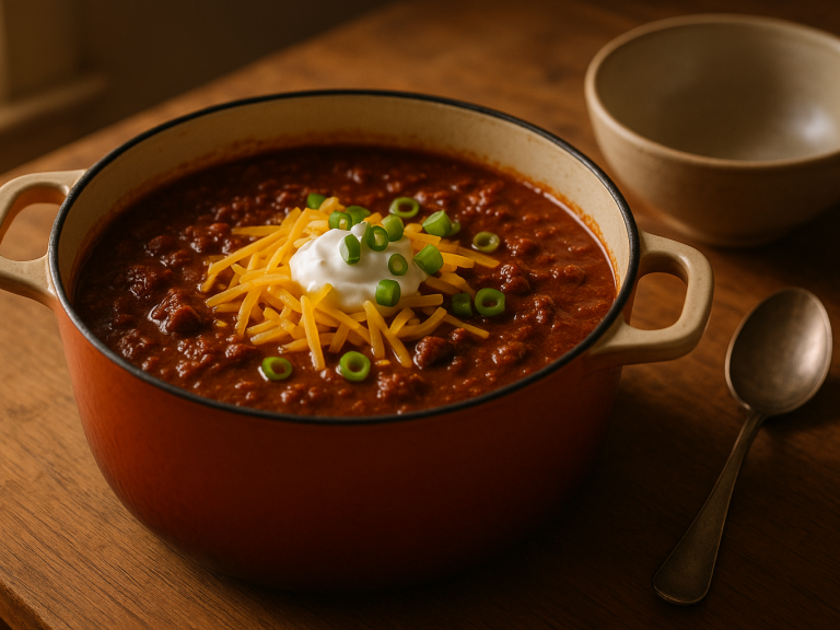 Dutch oven of thick beef chili topped with cheddar, sour cream and scallions
